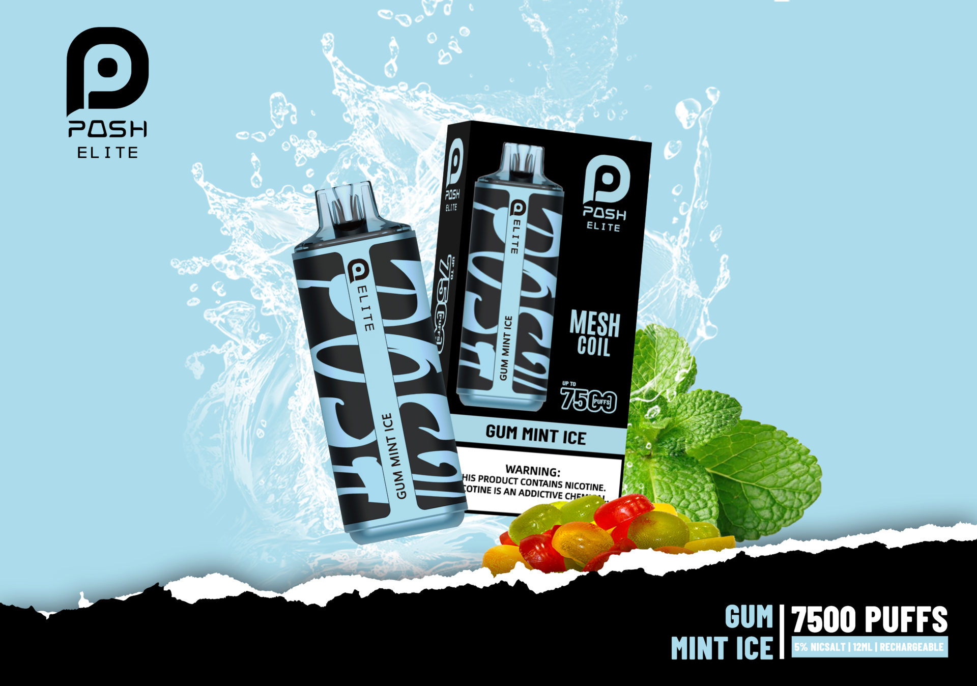 Posh Elite 7500 Gum Mint Ice - 5 in 1 - 60ML/Box